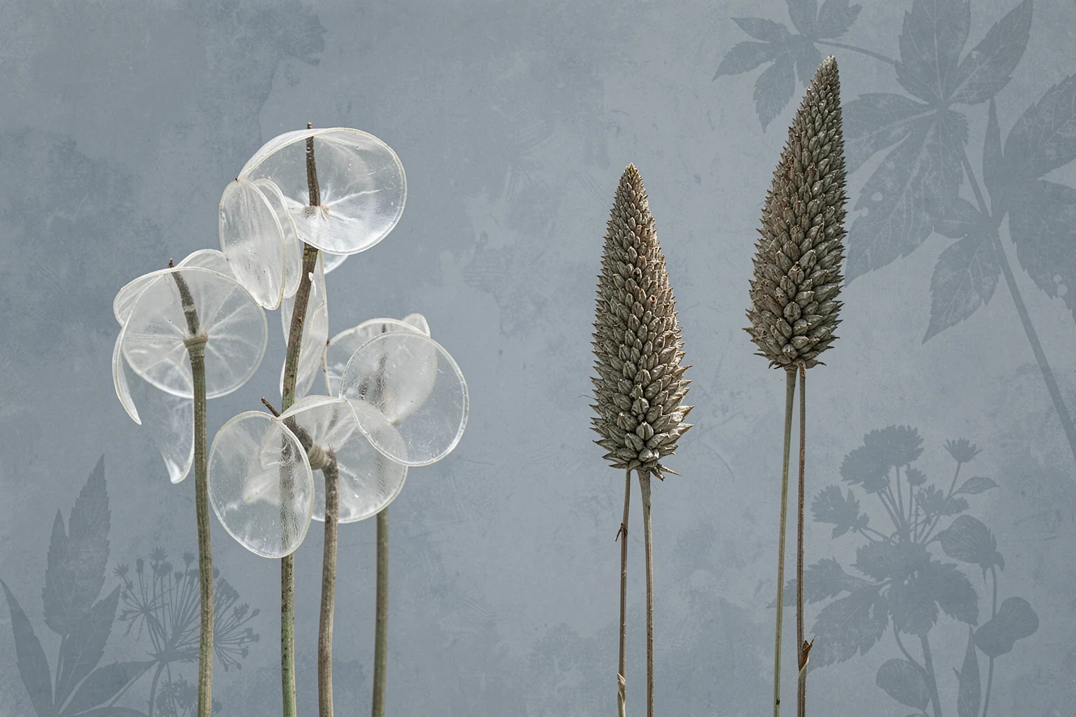 Lunaria. Translucent round lunaria seed pods and upright textured flower spikes stand against a grey-blue background with faint botanical silhouettes.