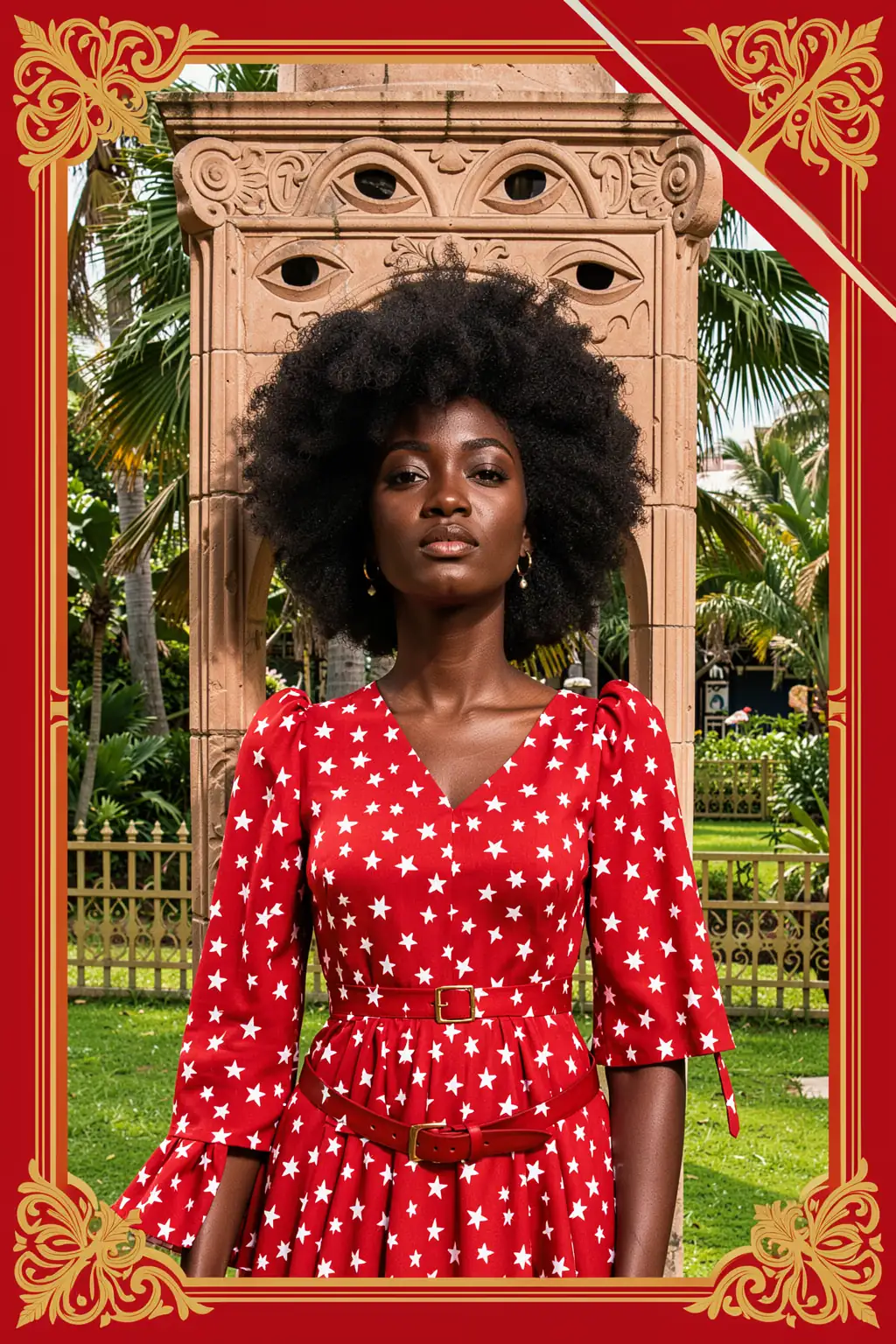 Afro Woman Tropical Portrait. A woman with a natural afro wears a red star-patterned dress before a tropical garden and carved stone arch, framed by ornate gold decoration.