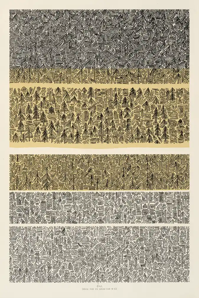 Cooling in a hot zone garden 1924. Four horizontal panels combine dense black botanical and geometric linework with pale cream and muted golden fields.