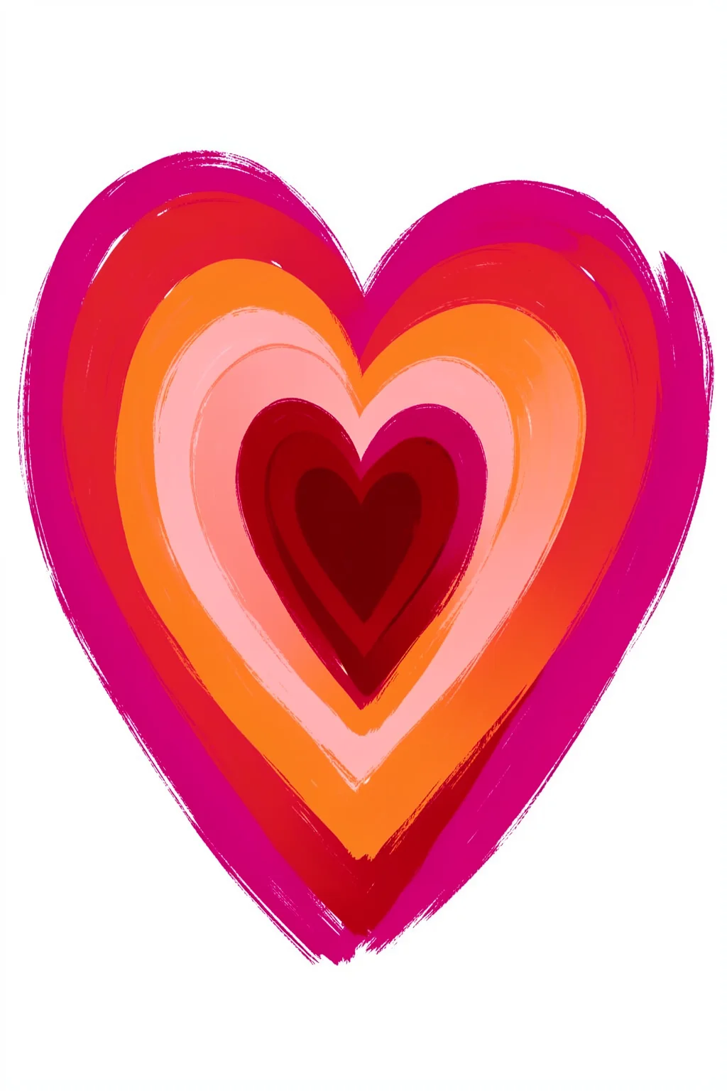 Heart Layers Harmony. Concentric hand-painted hearts in magenta, red, orange and pale pink are centered on white.
