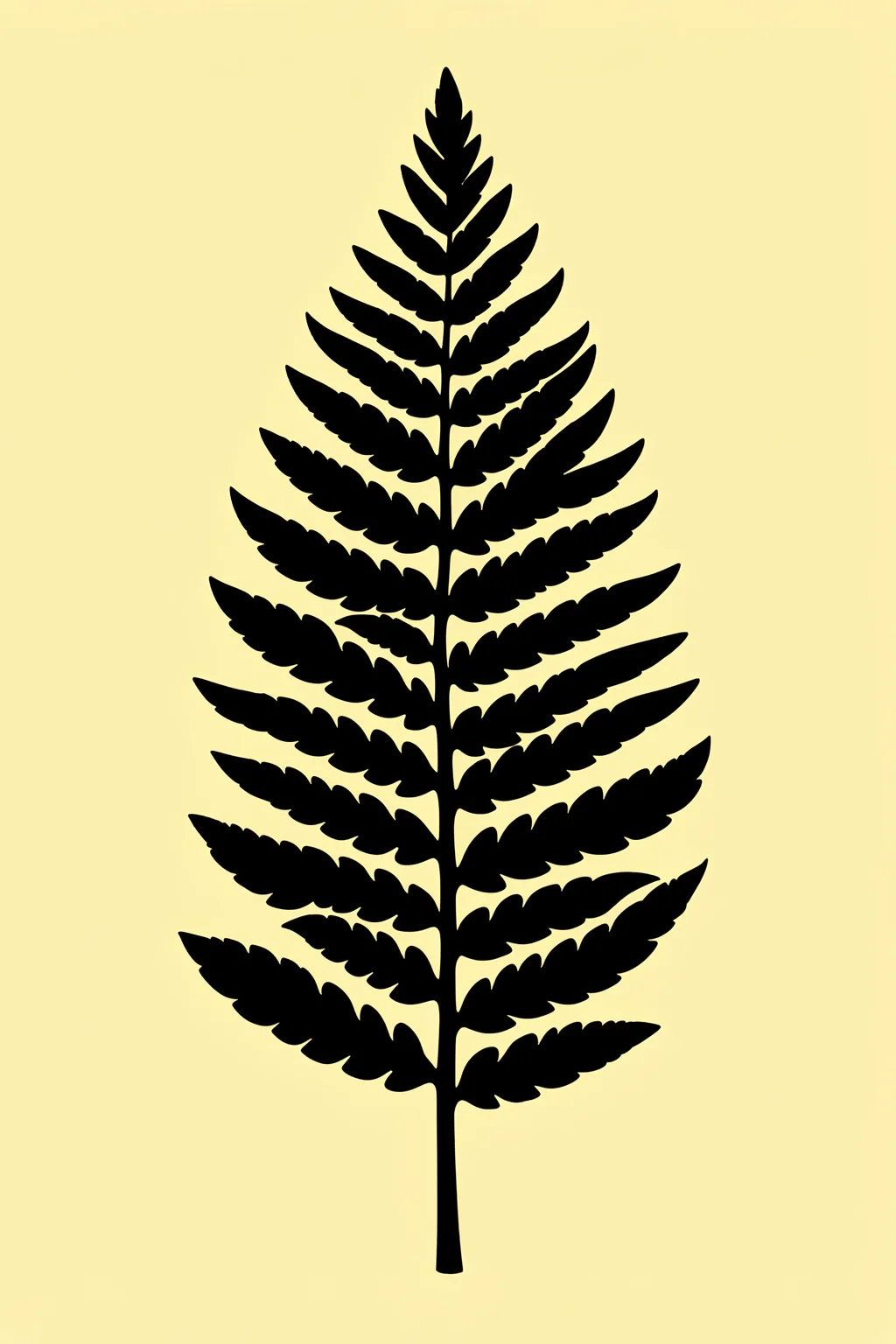 Elegant Fern Silhouette. A single black fern frond stands upright against a pale yellow background.