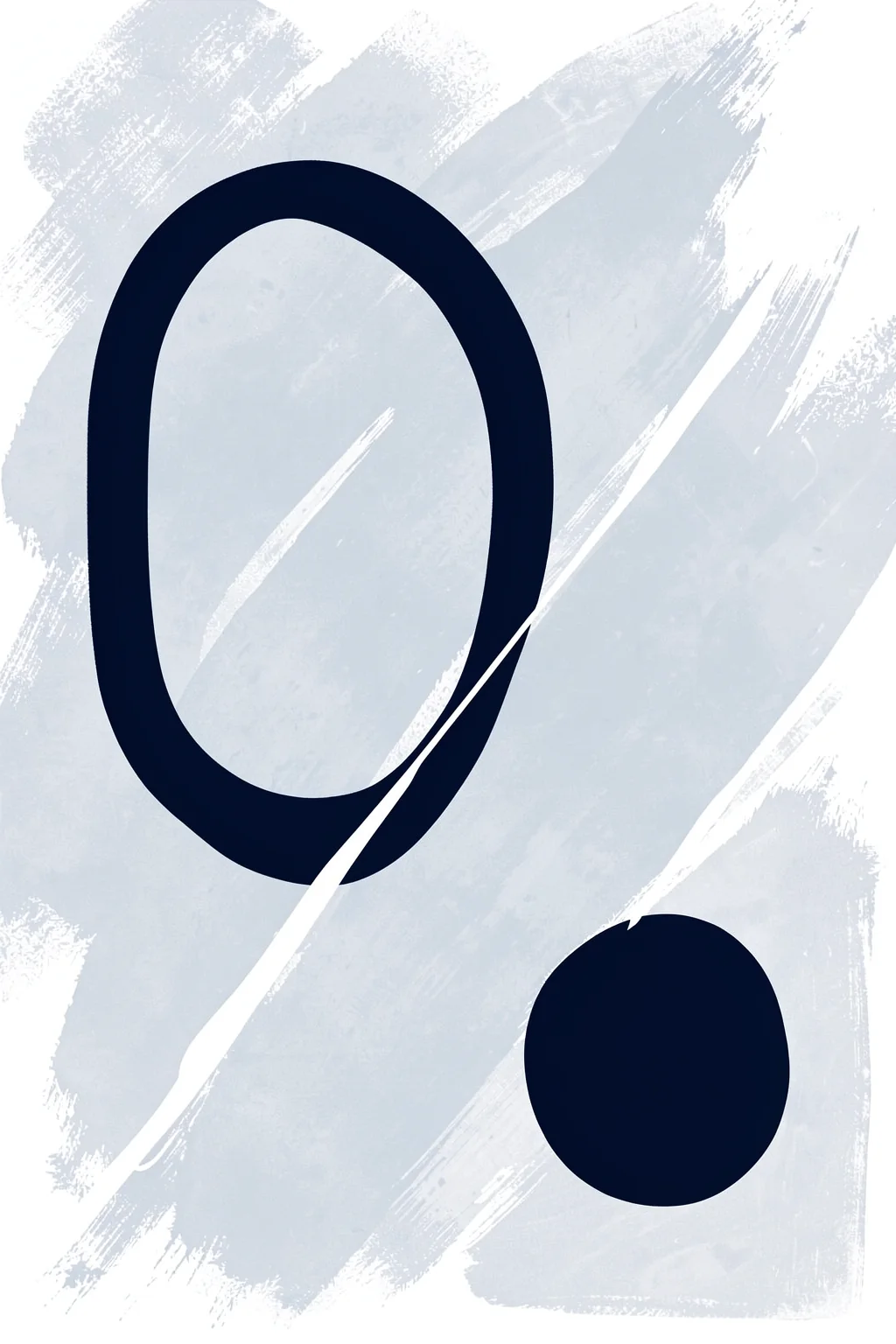 Abstract Blue Serenity. A navy oval and circle sit over loose pale blue-grey brush marks on white.