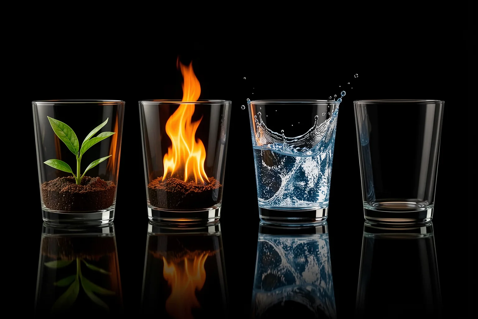 Four Natural Elements. Four clear tumblers represent a seedling in soil, a flame, splashing water and an empty glass against black.