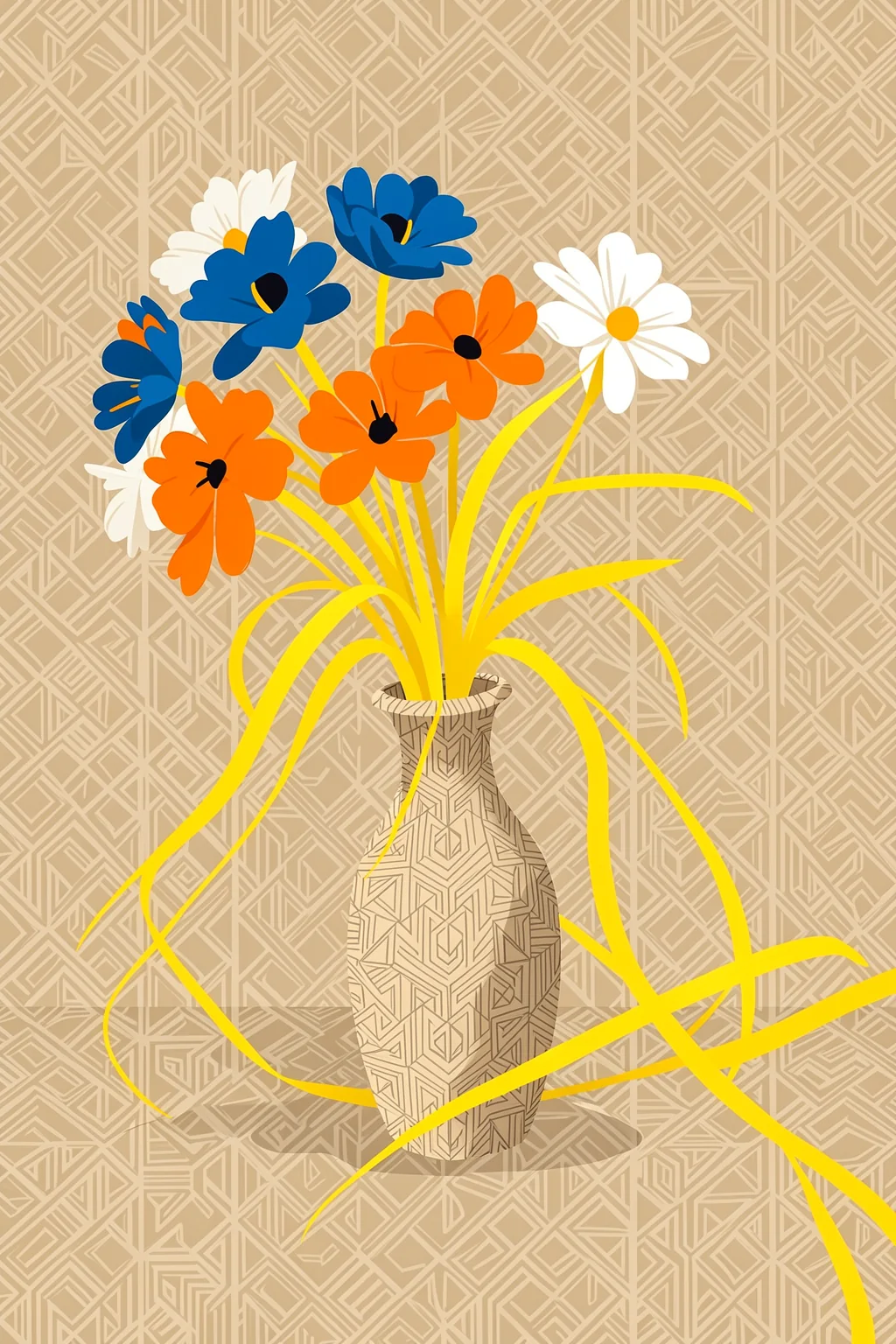 Vibrant Floral Arrangement. Bright blue, orange and white flowers rise from a patterned vase among long yellow stems, against a geometric beige backdrop.