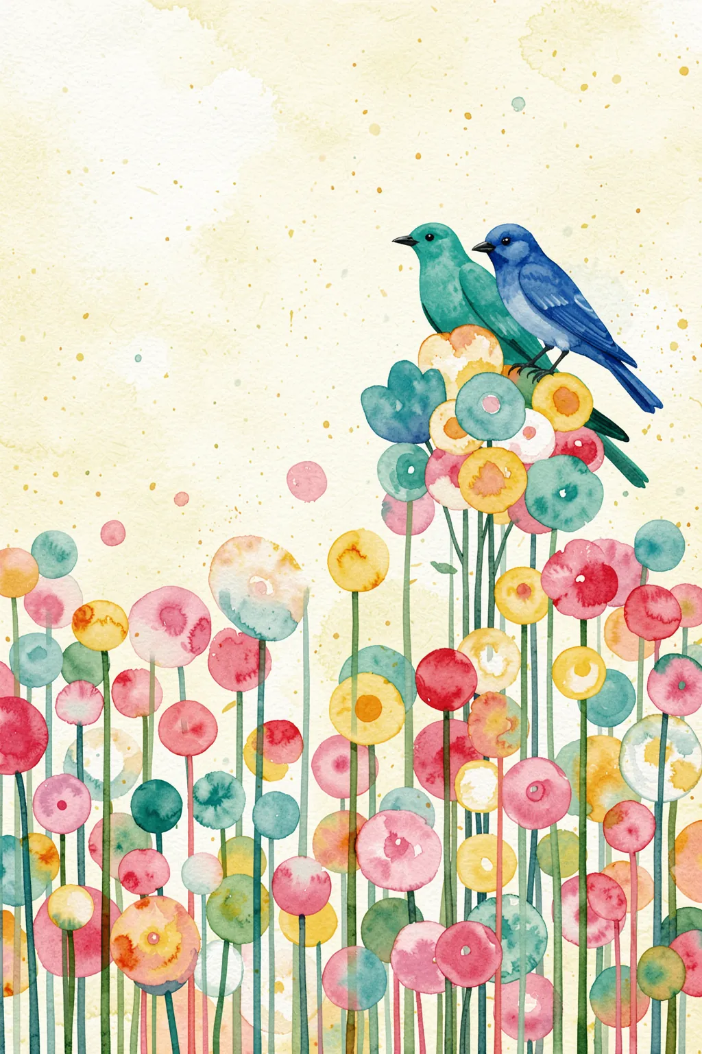 Dreamy Garden Birds. Two teal and blue birds perch above colorful round flowers in a loose watercolor-style garden scene.