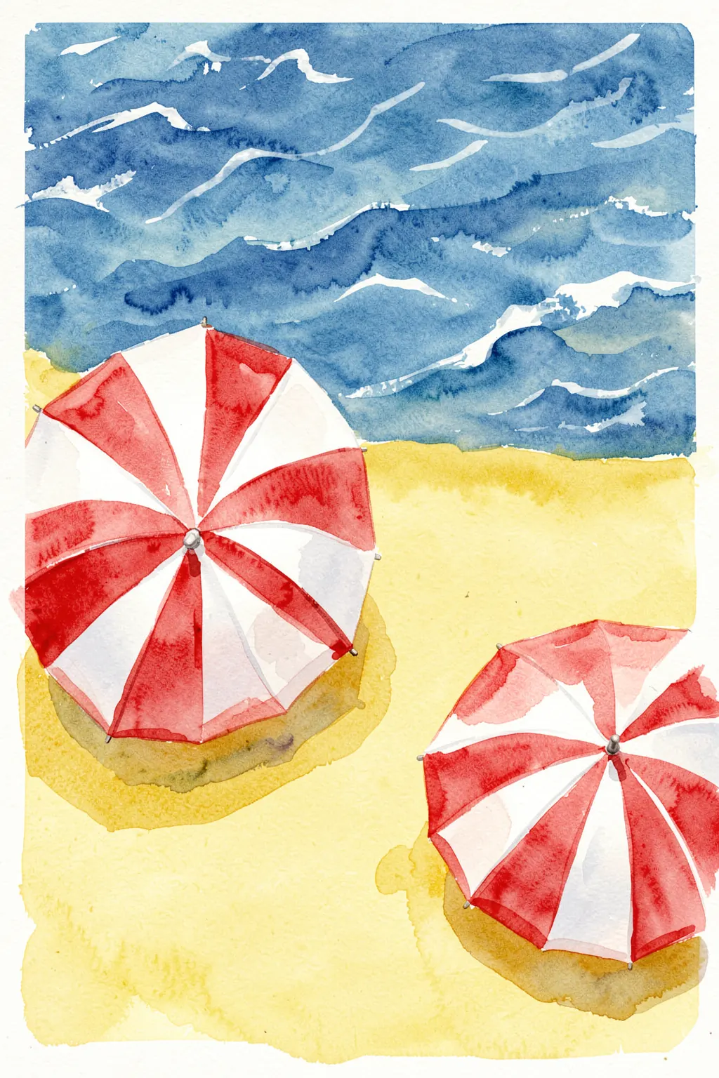 Summer Beach Umbrellas. Two red-and-white striped beach umbrellas stand on pale yellow sand beneath a blue watercolor sea and sky.