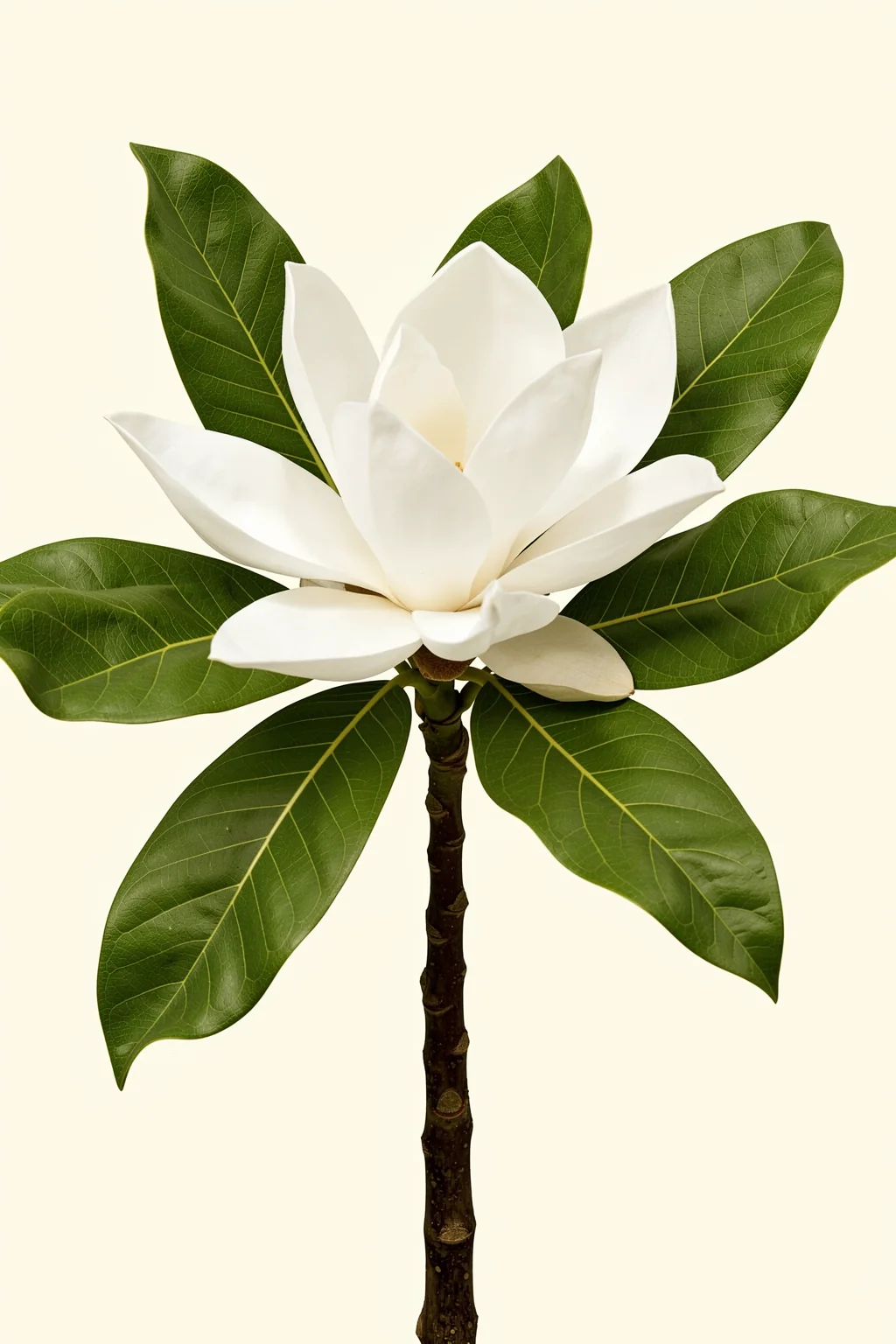 Southern Magnolia (1918). A large white magnolia flower and broad green leaves grow from a single upright stem against cream.