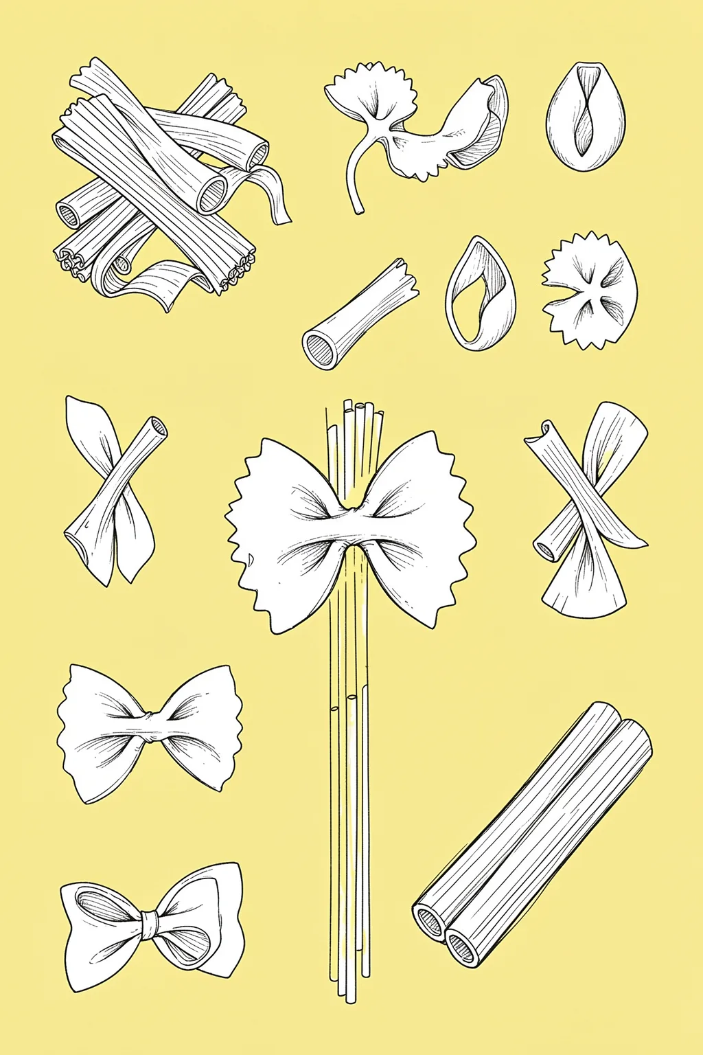 Pasta The Secret To Life. Black line drawings of assorted pasta shapes are scattered across a pale yellow ground.