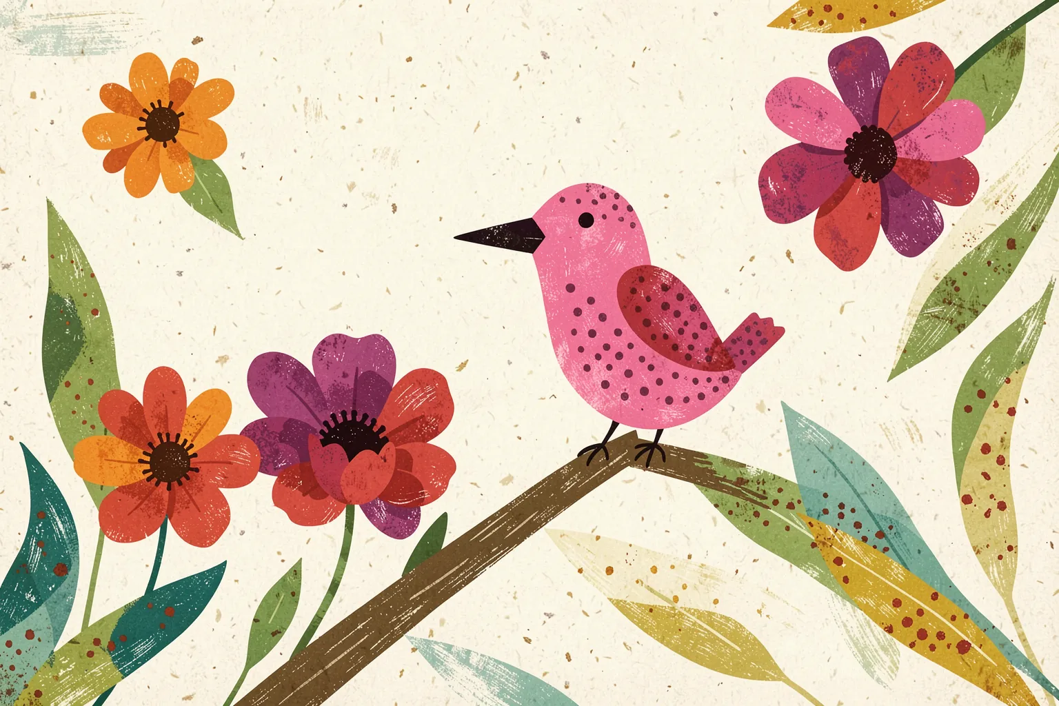 Whimsical Garden Bird. A pink bird perches on a brown branch among colorful flowers and leaves on textured cream.