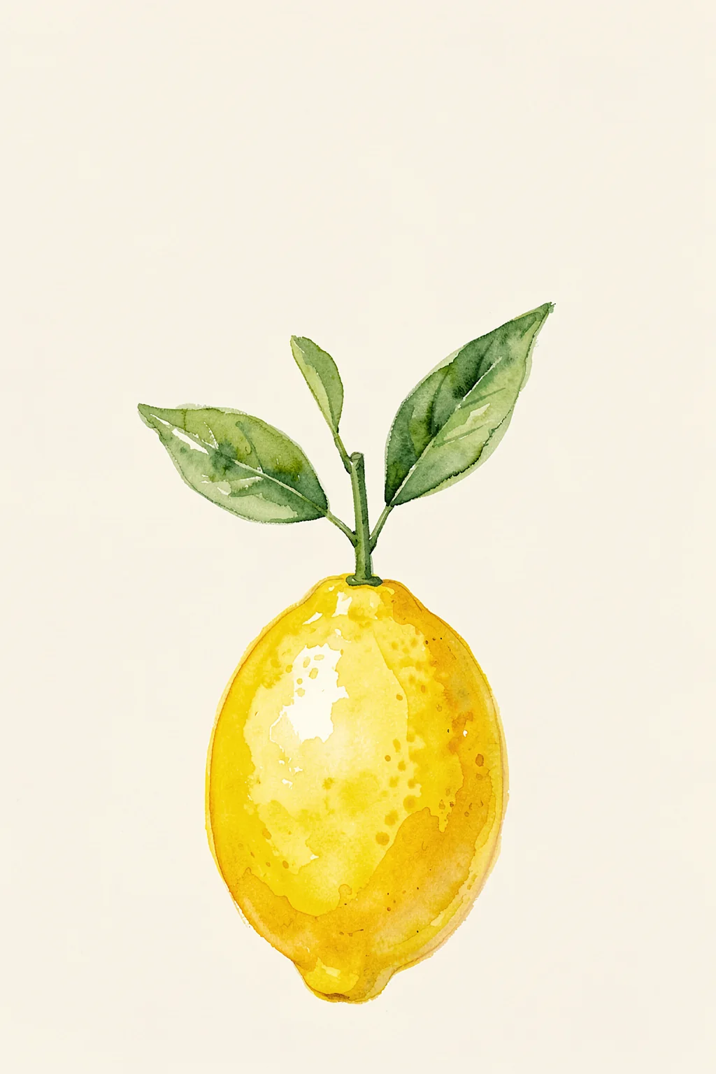 Watercolor Lemon Ciao. A single yellow lemon with two green leaves is painted in watercolor on a light cream background.