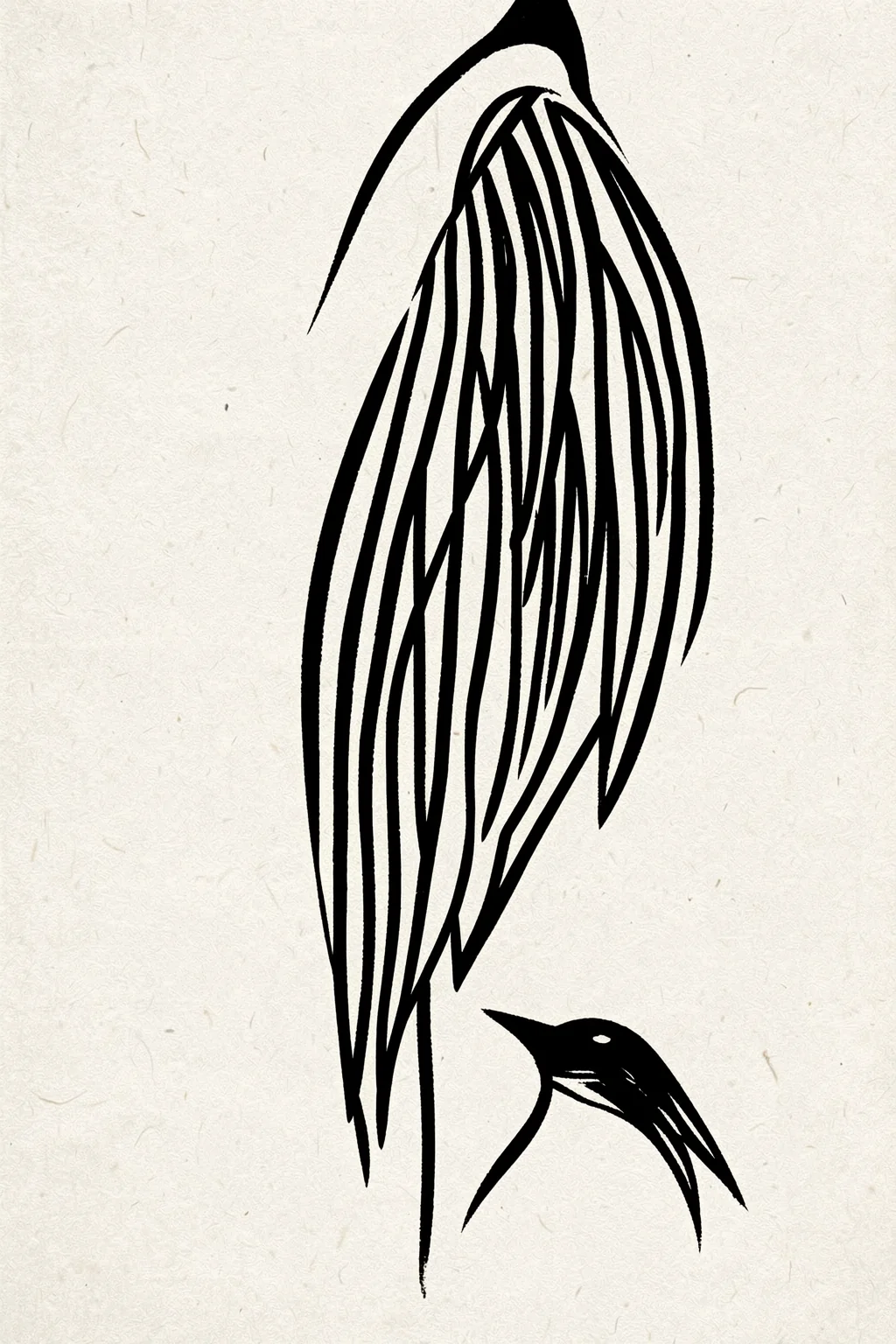 Elegant Striped Dove. A graphic black line drawing shows a dove-like bird with long, striped wings against textured cream.