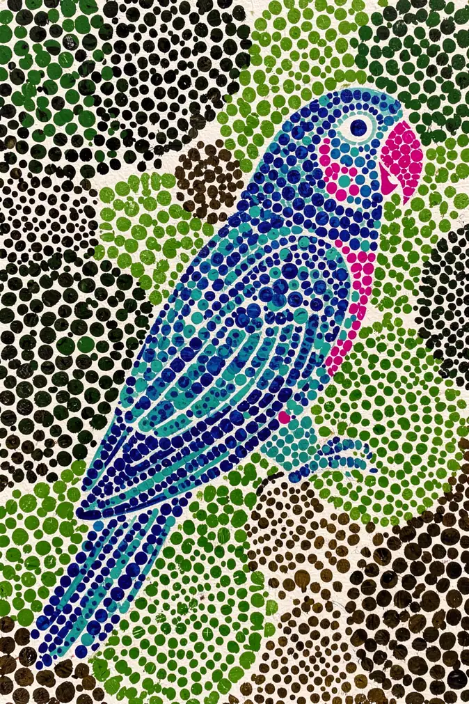Jungle Parrot. A blue-and-turquoise parrot with a pink beak is built from colored dots against a green-and-black dotted background.