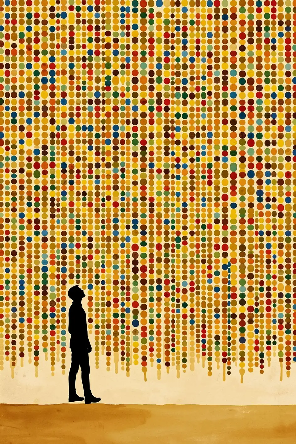 Couple in Golden Light. A lone black silhouette stands before a wall of multicolored dots above a golden ground.
