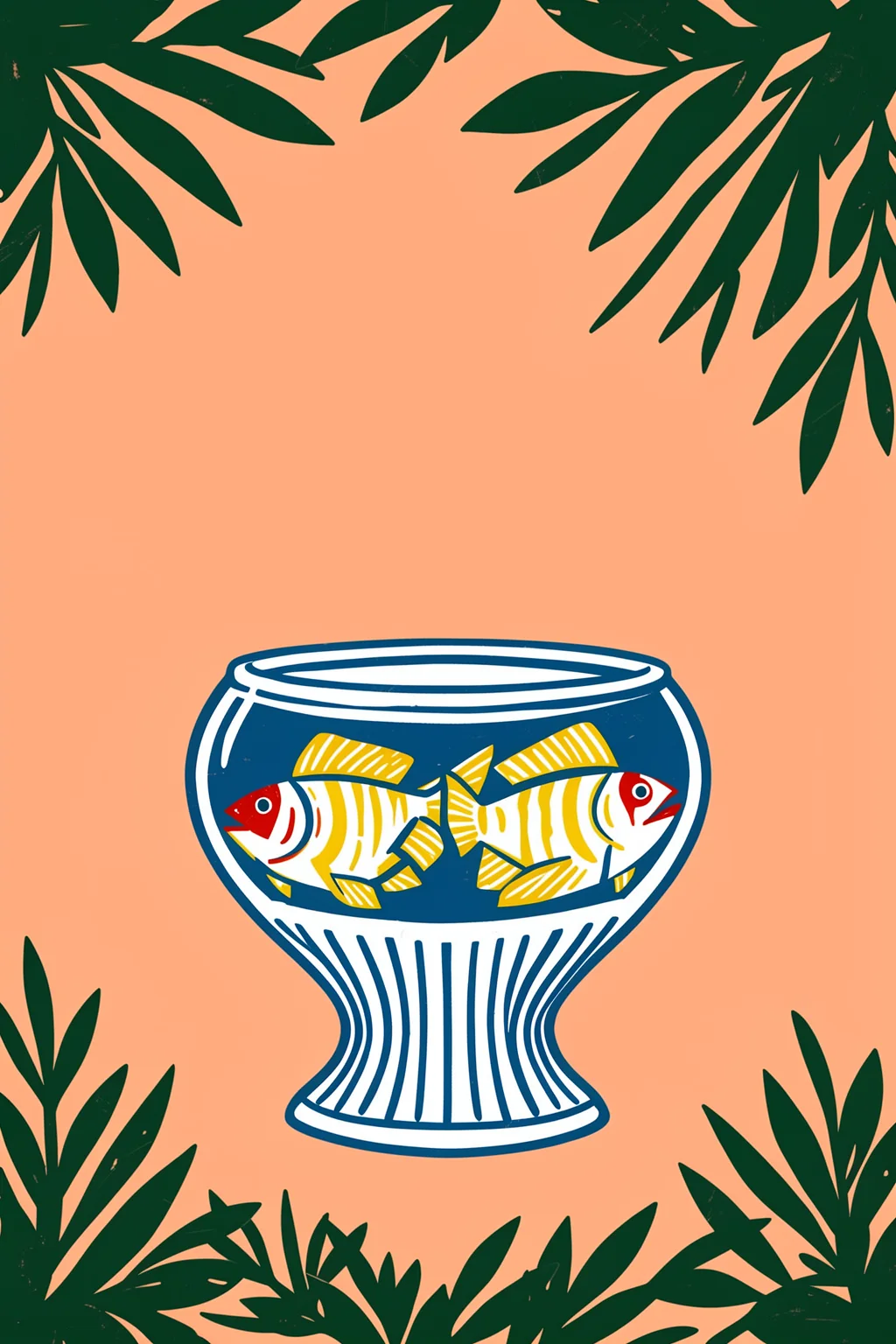 Two Fish In A Bowl. Two yellow-striped fish swim inside a blue bowl framed by dark tropical leaves on peach.