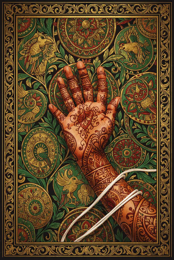 Ornate Mehndi Hand. An intricately patterned henna-decorated hand is centered within a dark green ornamental scene and gold frame.
