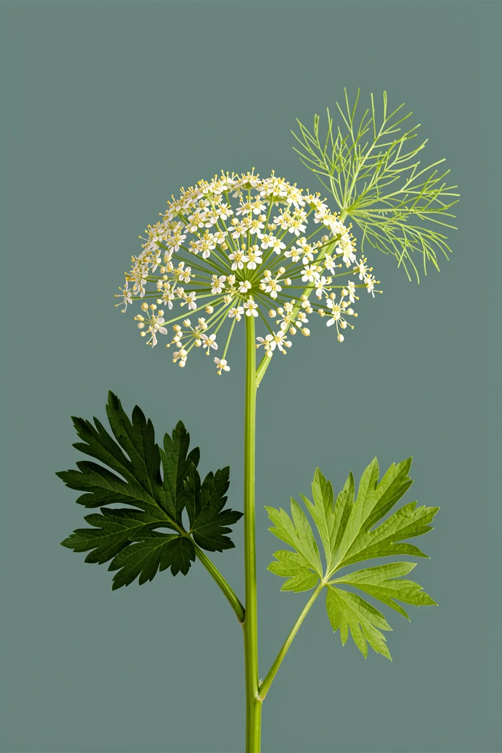 Elegant Green Umbel. A delicate white flower umbel and fine green foliage rise against a muted blue-green background.