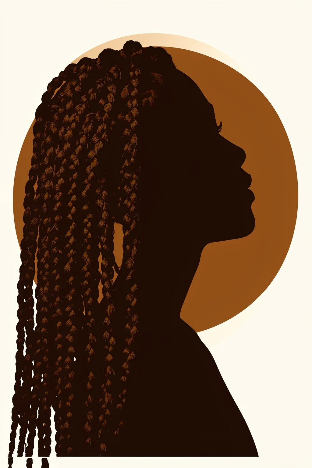 You Are Strong. A dark profile portrait of a woman with long braids is silhouetted against a warm brown circle on cream.