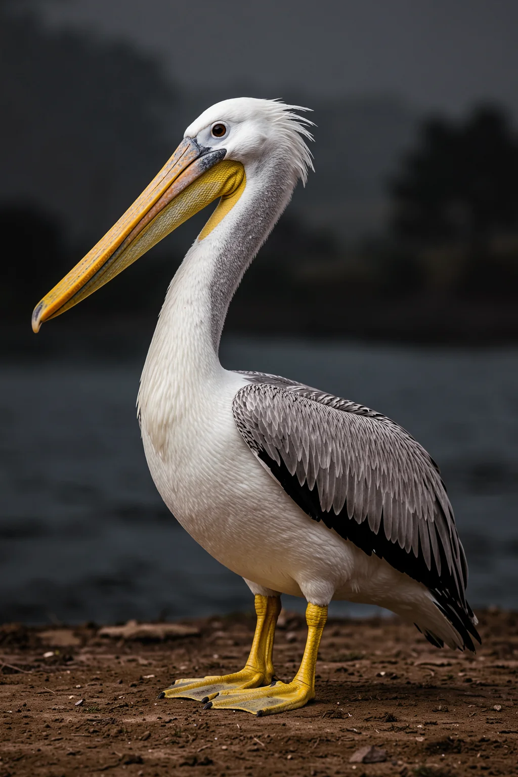 American White Pelican From Birds of America (1827). A close view of a white pelican with a long yellow bill stands against a dark, softly blurred background.