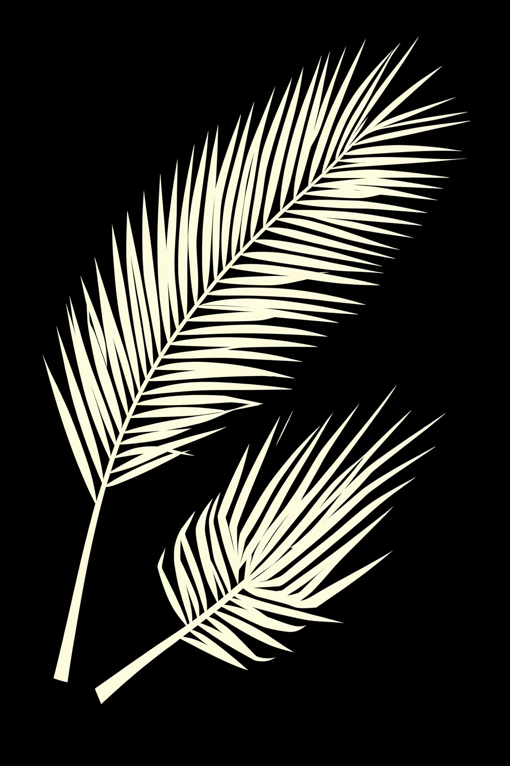 Minimalist Palm Leaves. Two long ivory palm fronds overlap against a solid black background.