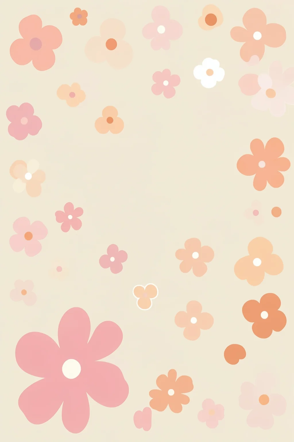 Find Me In My Garden. Flat pastel flowers in peach, blush, coral and cream are scattered across a warm ivory background.