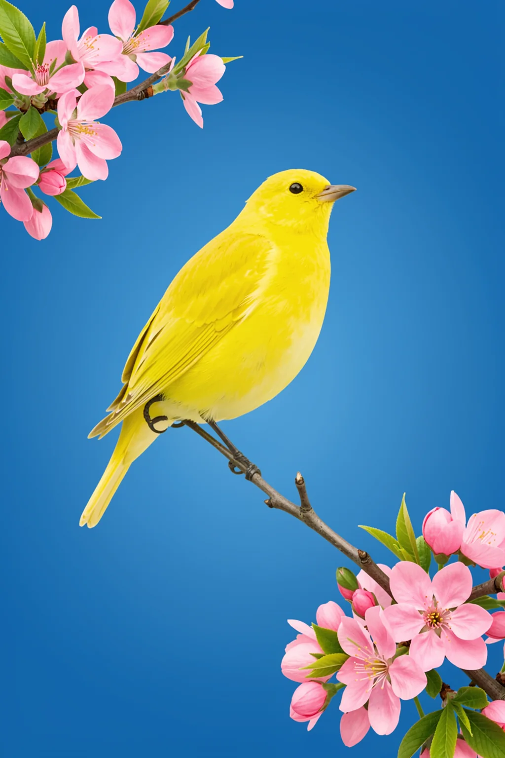 Yellow Bird Spring Bloom. A bright yellow bird perches on a branch between clusters of pink spring blossoms against vivid blue.