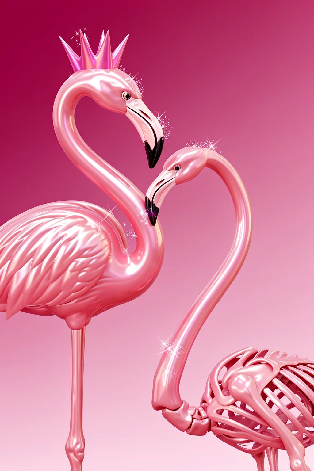 Eternal Crane Love. Two pink flamingos curve their necks toward one another, with a small crown above one bird, on a vivid magenta background.