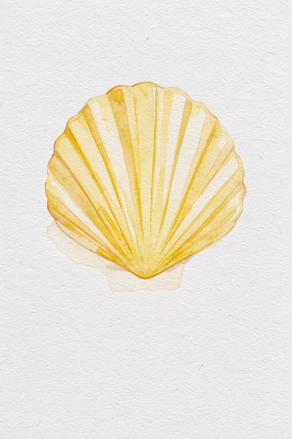 Sunny Scallop Shell. A pale yellow scallop shell is centered on a lightly textured white background in a soft watercolor style.
