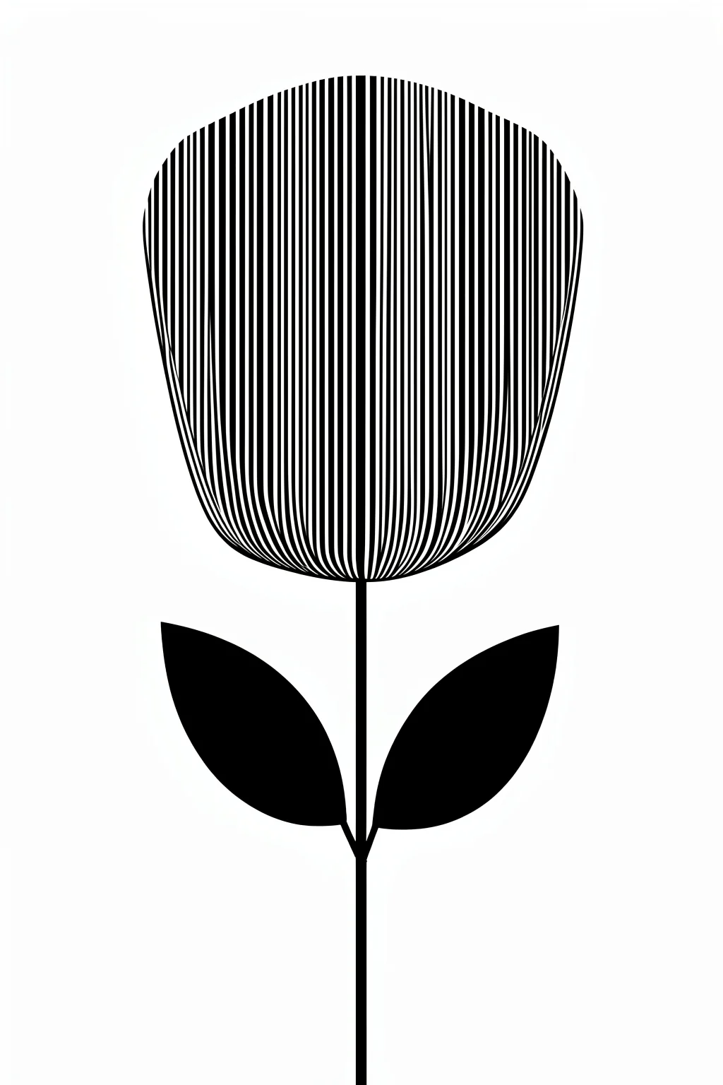 Minimalist Black Flower. A simple black line drawing of a slender flower and two leaves stands alone on a white background.