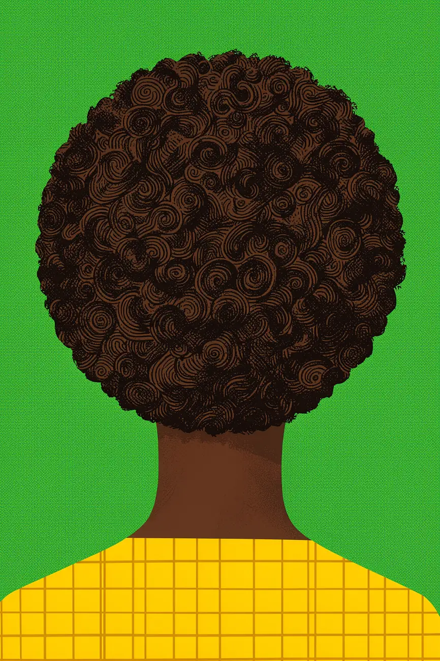 Textured Afro Man. A rear-view portrait shows a person with a large textured afro wearing a yellow checked shirt against vivid green.