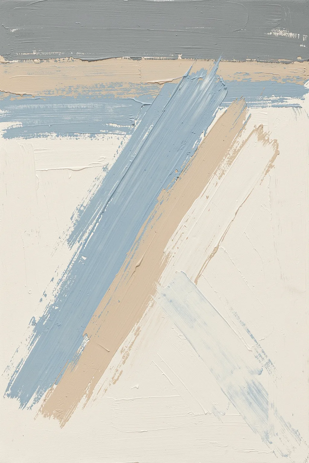 Soft Blue Gold Abstract. Broad textured brushstrokes in pale blue, cream, tan and gray cross diagonally in a soft abstract composition.