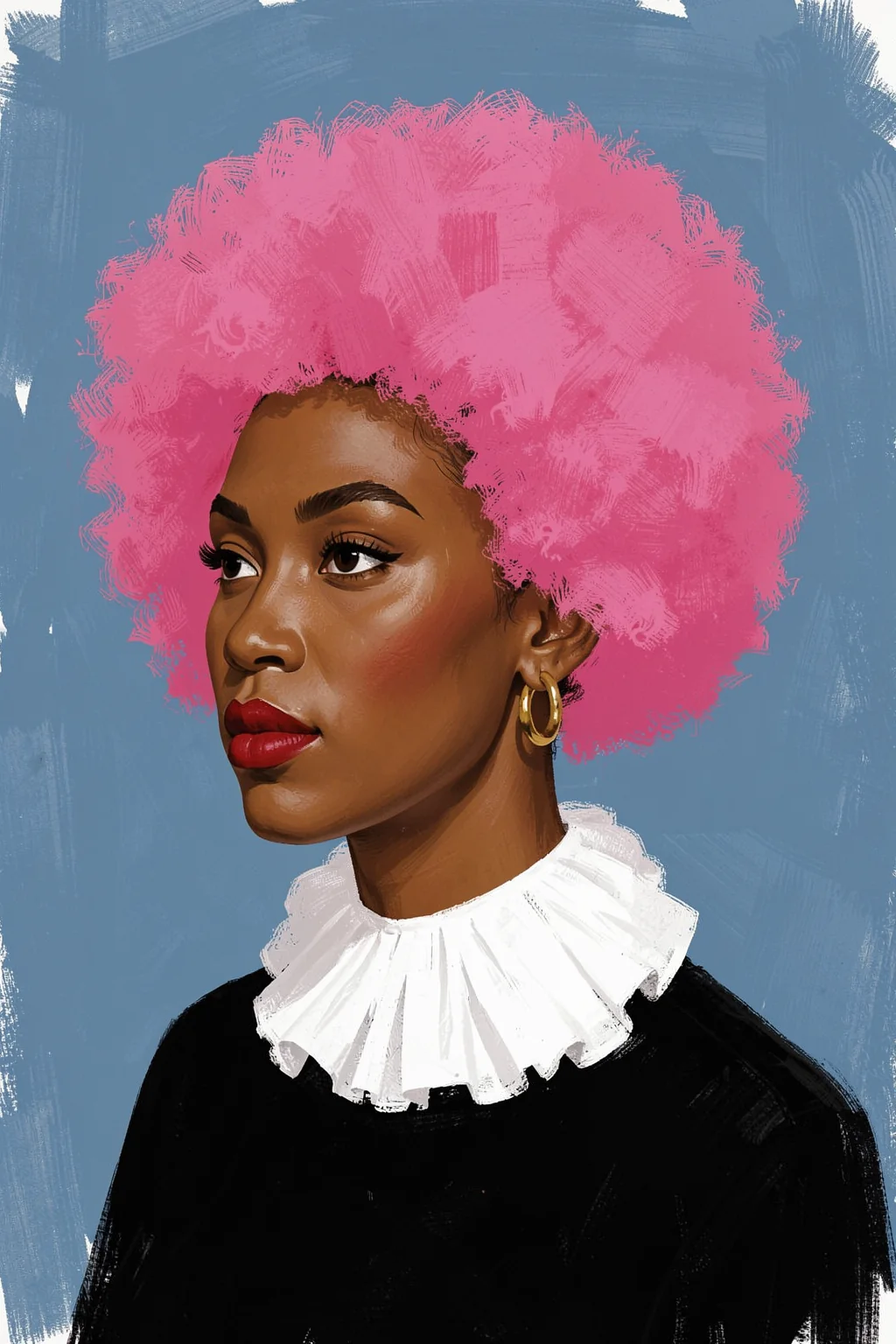 Stylish Pink Afro Woman. A woman with a bright pink afro and white ruffled collar is shown against a muted slate-blue background.