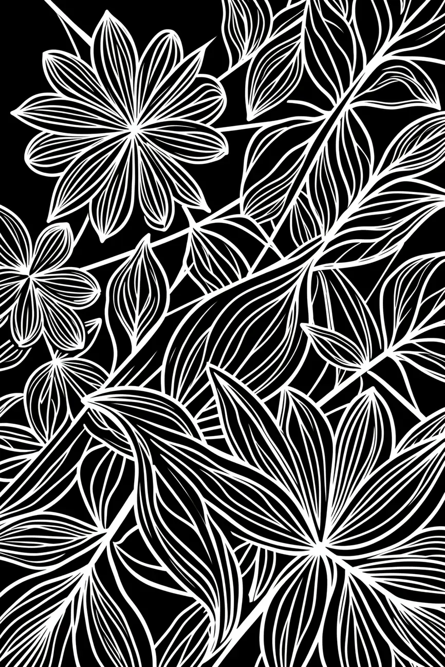Flowing Abstract Leaves. Fine white outlines of leaves and flowers overlap in a dense botanical pattern on black.