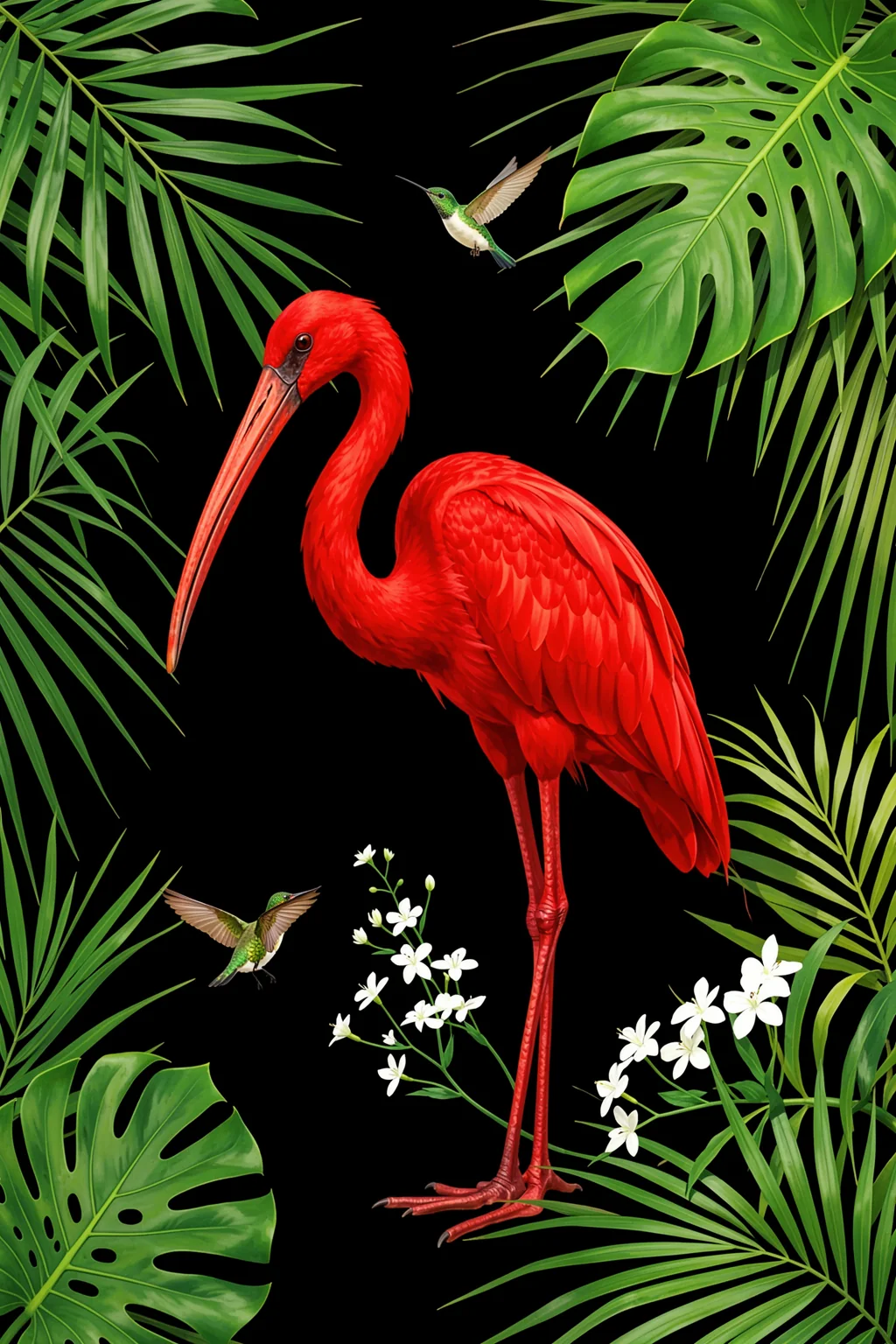 Scarlet Ibis Tropical Birds. A red ibis and two small hummingbirds appear among green tropical leaves and white flowers on black.