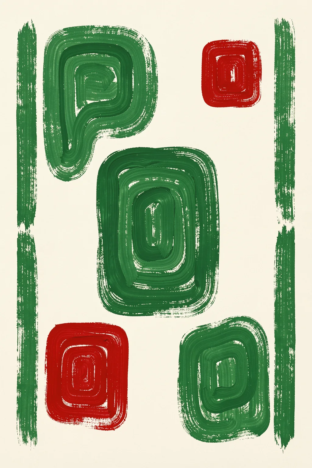 Textured Geometric Shapes. Loose concentric rectangular brushstrokes in dark green and red create a geometric abstract on cream.