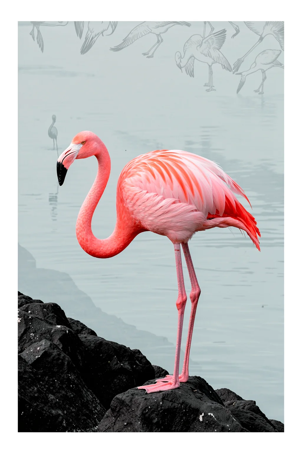 Pink Flamingo From Birds of America (1827). A bright pink flamingo stands on dark rocks beside pale water, with faint bird sketches in the background.
