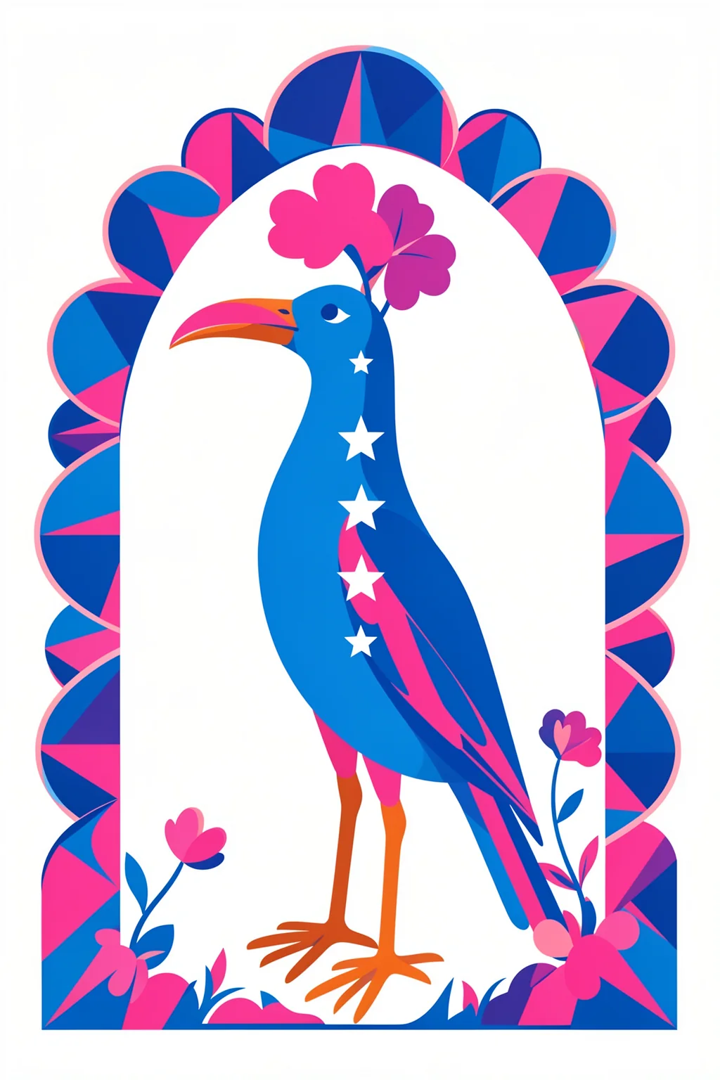 Whimsical Folk Bird. A stylized blue bird with white star markings stands among pink flowers inside a bold blue-and-pink ornamental frame.