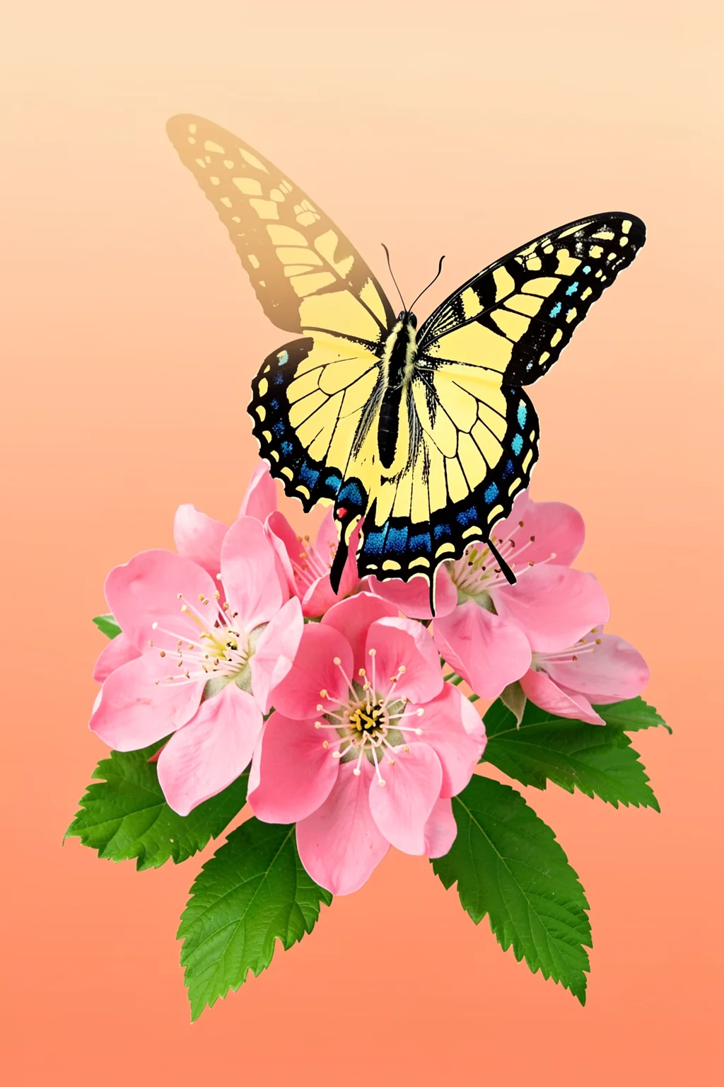 Yellow Butterfly Blooms. A yellow-and-black butterfly rests above pink blossoms and green leaves against a soft peach background.