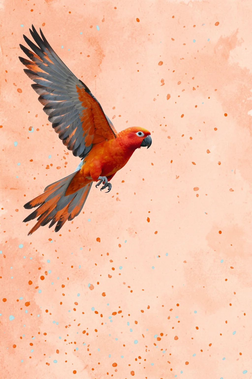 Fly With Me. An orange-red parrot flies across a textured peach background scattered with small blue and orange flecks.