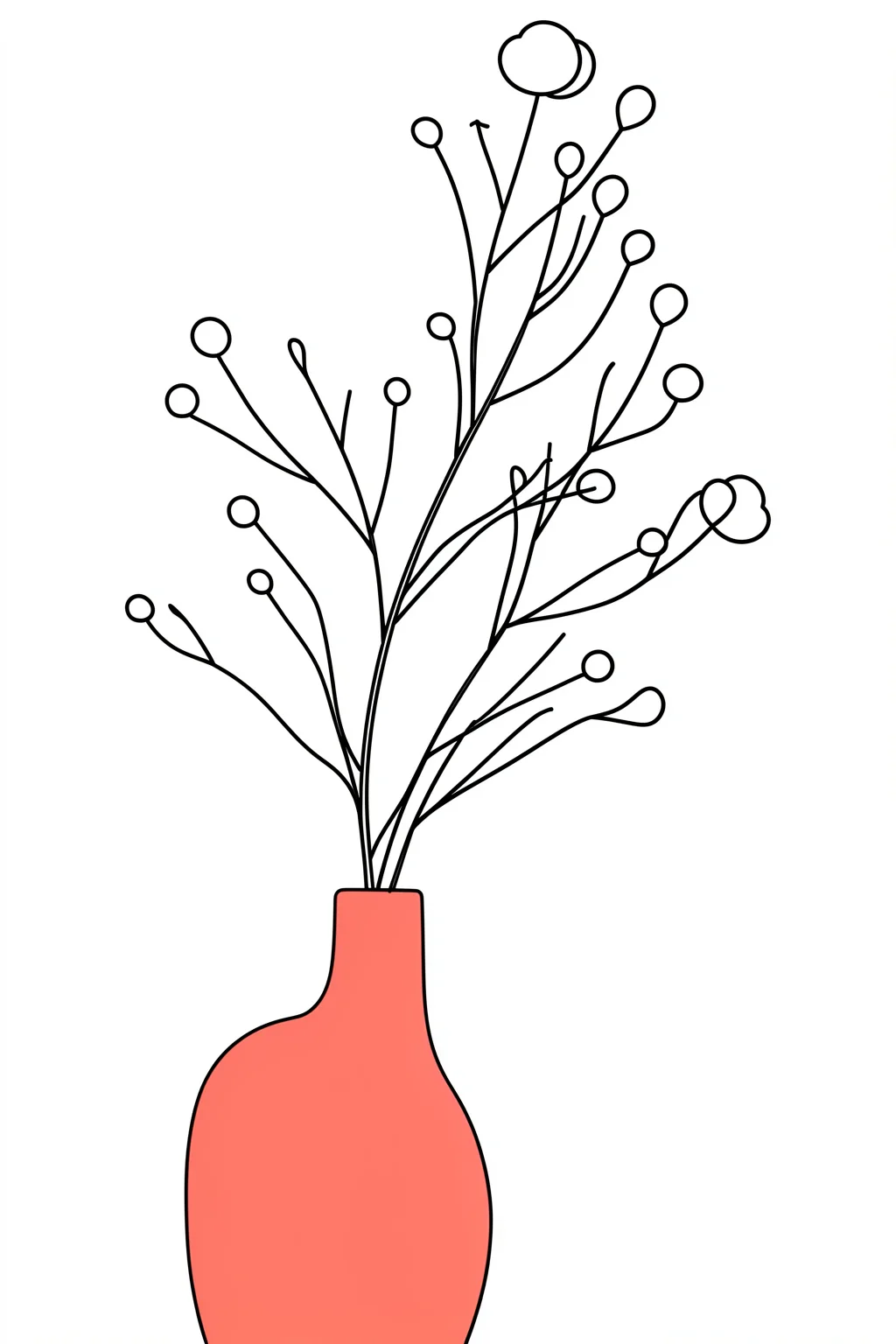 Minimalist Botanical Vase. A single coral-colored vase holds a loose arrangement of thin black stems and round buds on white.