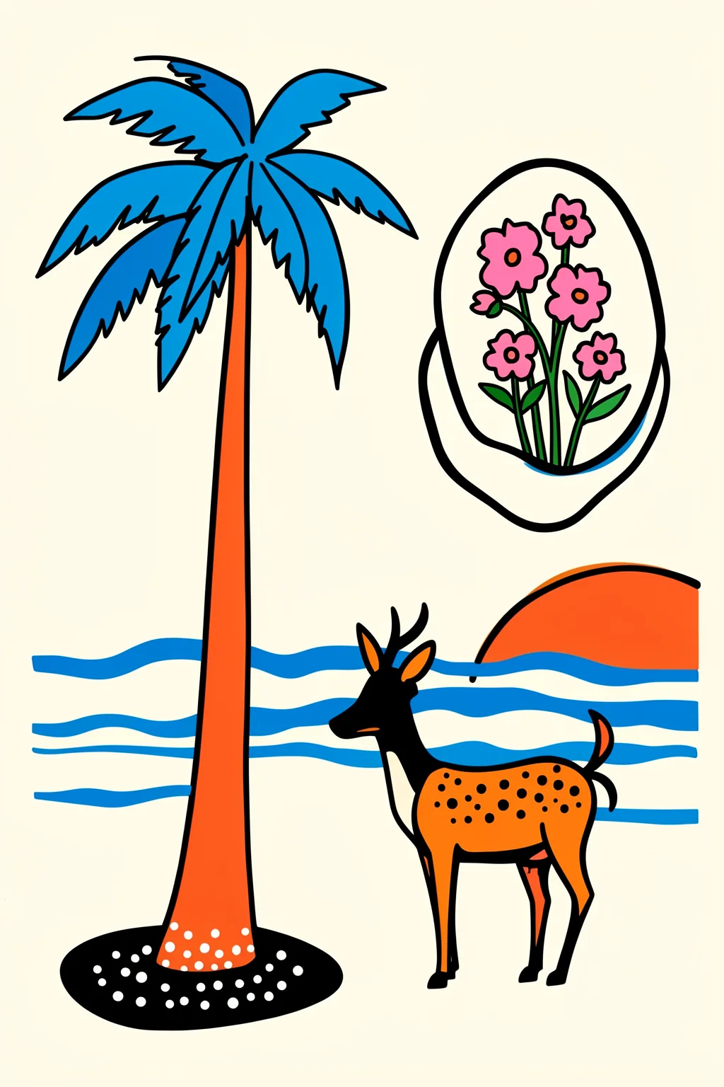 Tropical Cat Garden. A stylized deer stands beside a tall palm, blue water and a small flower vignette in a playful tropical scene.