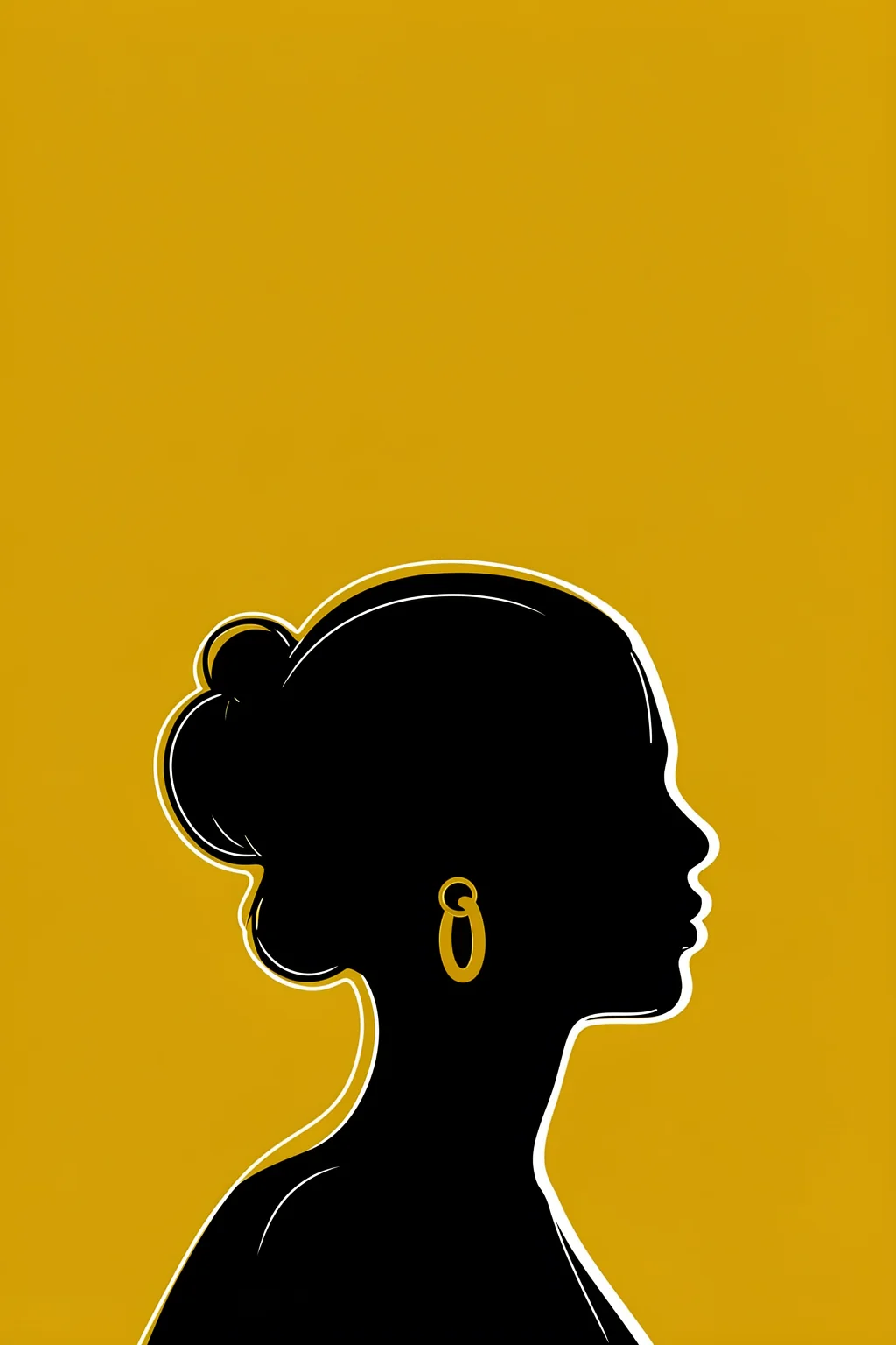 Golden Silhouette Woman. A white-outlined profile of a woman with a tied-back hairstyle appears as a black silhouette against golden yellow.