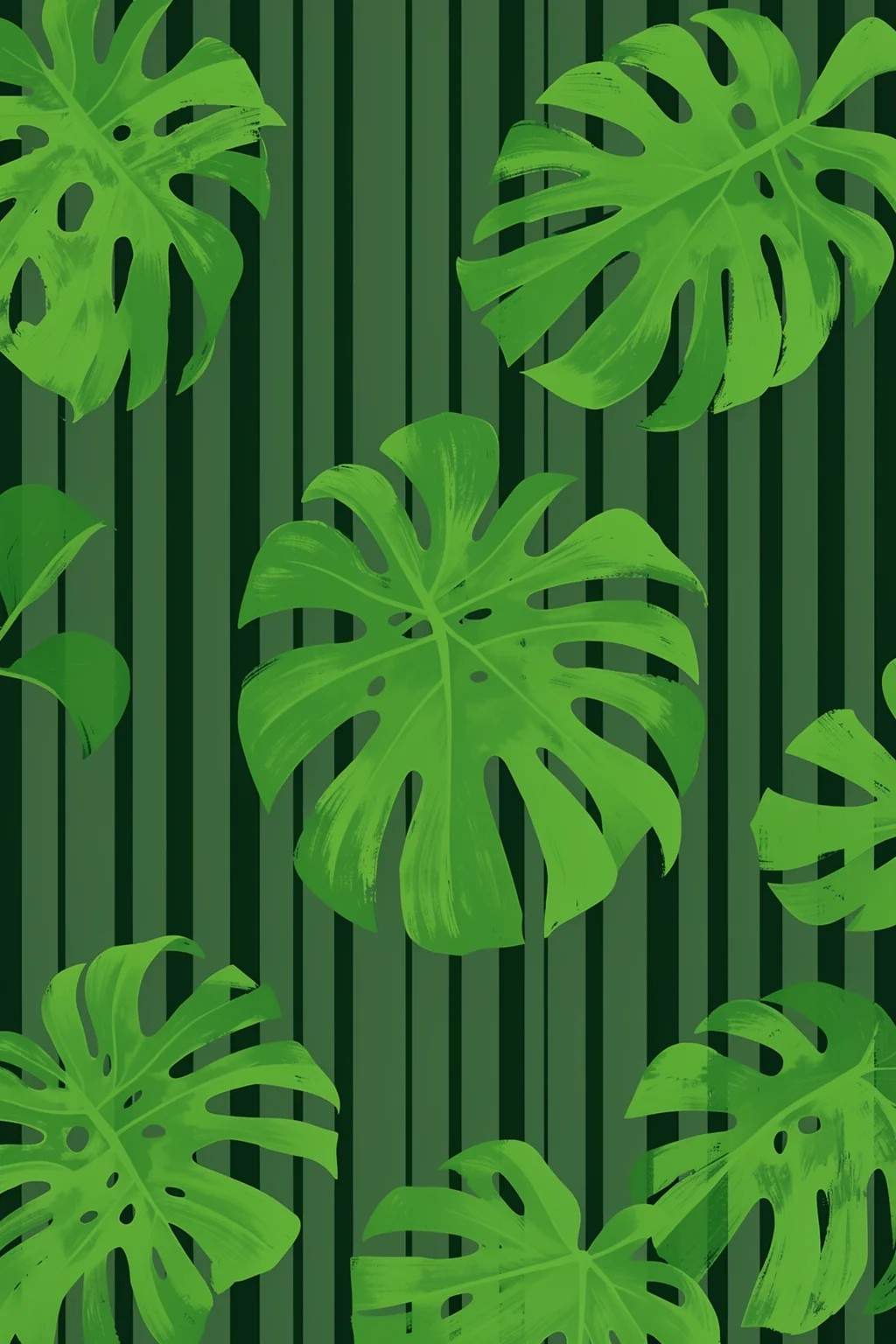 Monstera Leaf Stripes. Large green monstera leaves overlap dark vertical stripes in a layered tropical botanical design.
