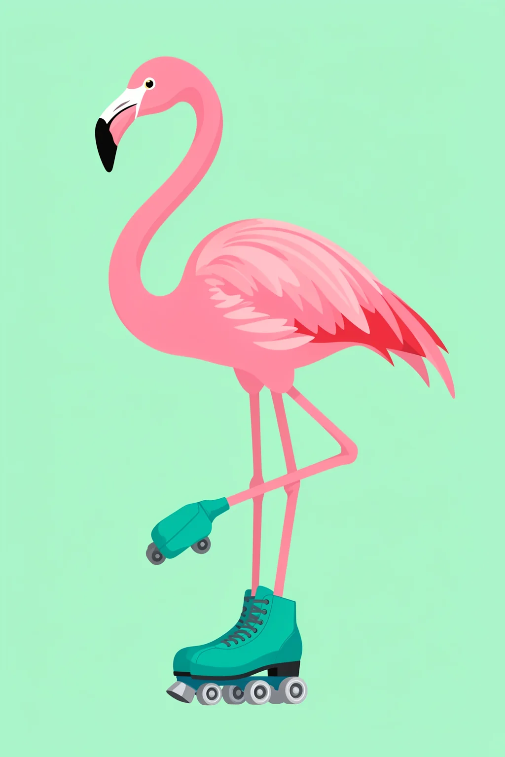Roller Skating Flamingo. A pink flamingo balances on roller skates against a bright mint-green background.