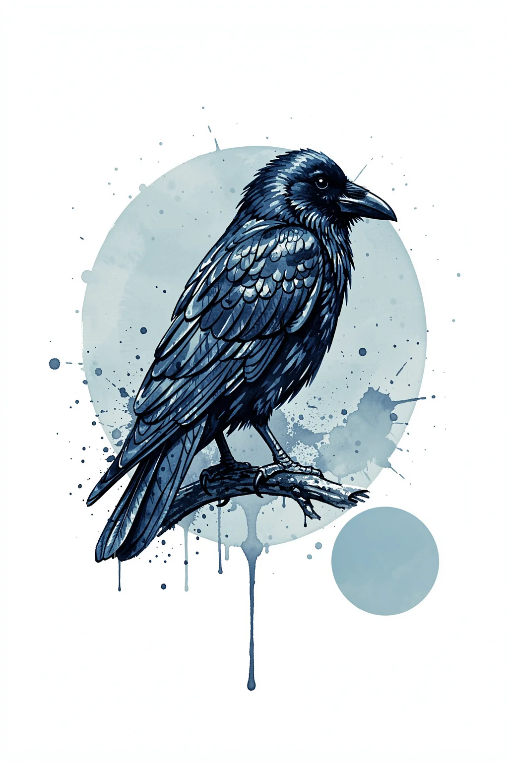 Ethereal Raven Flight. A detailed blue-black raven perches on a branch over pale blue watercolor circles and splashes.