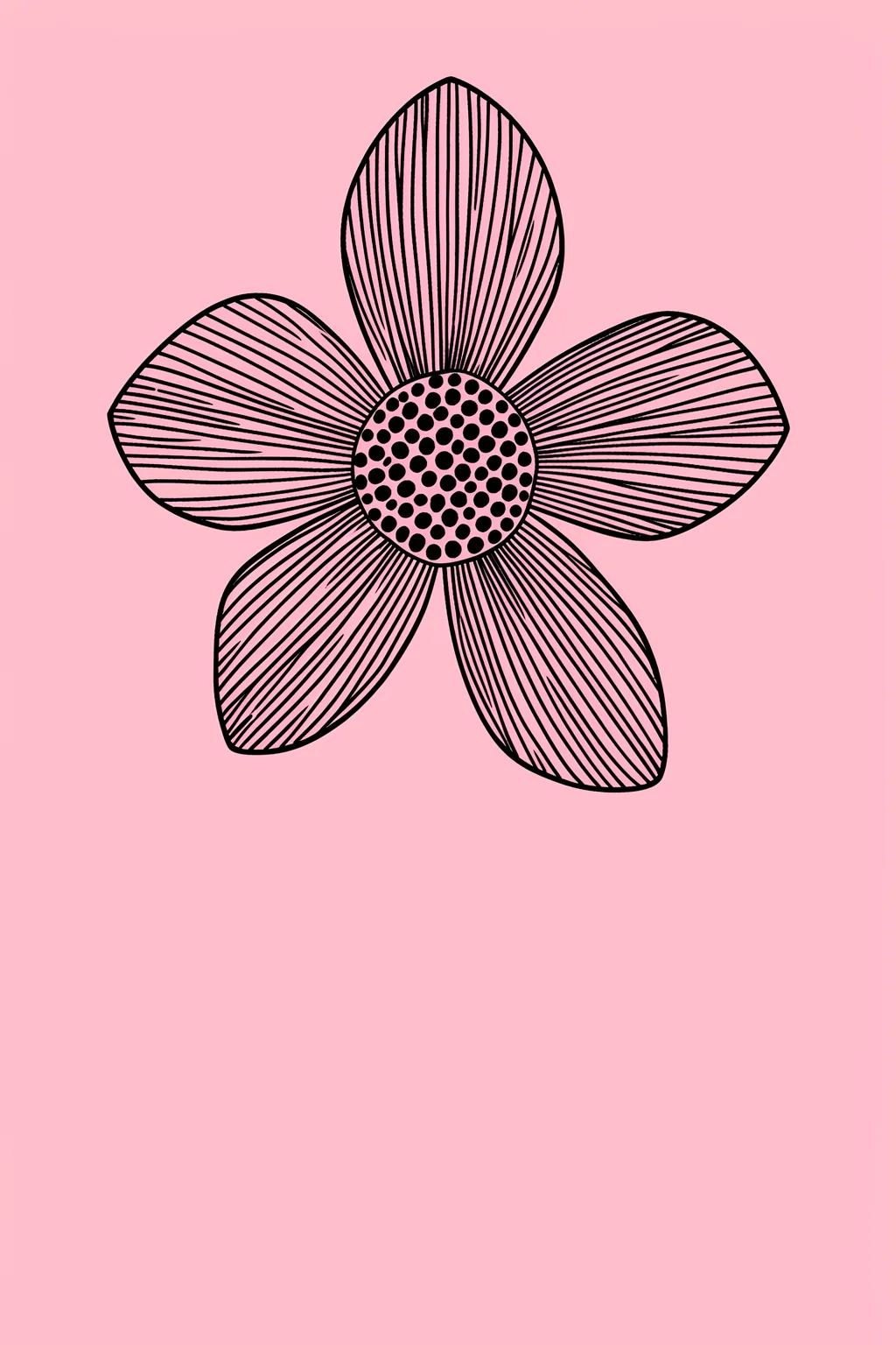 Pink Line Flower. A black striped five-petal flower with a dotted center is centered on a solid pink field.