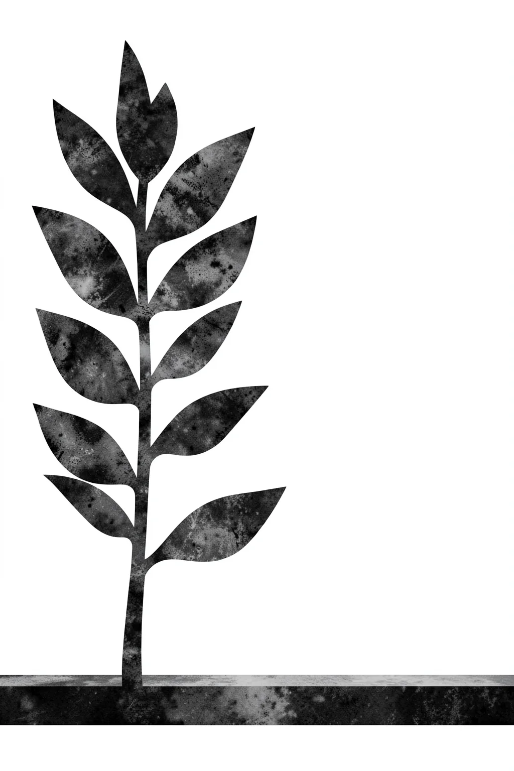 Organic Plant Study. A single upright leafy stem with mottled charcoal-gray leaves grows from a dark horizontal ground on white.