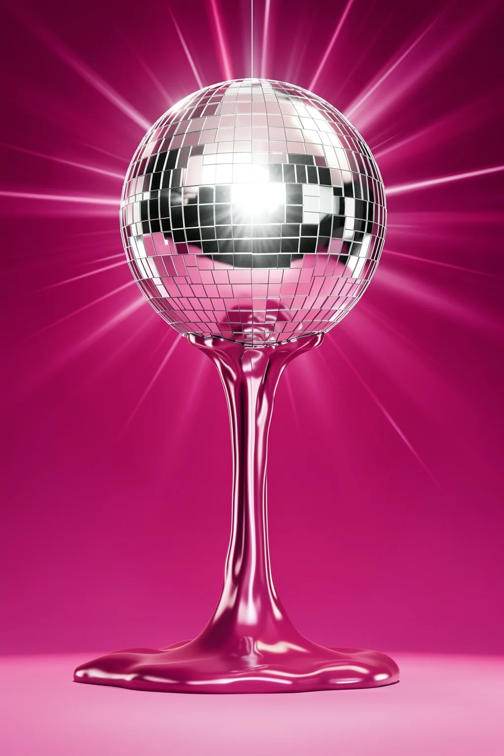 Melting Disco Ball. A mirrored disco ball appears to melt into a glossy pink stem and puddle against a radiant magenta background.