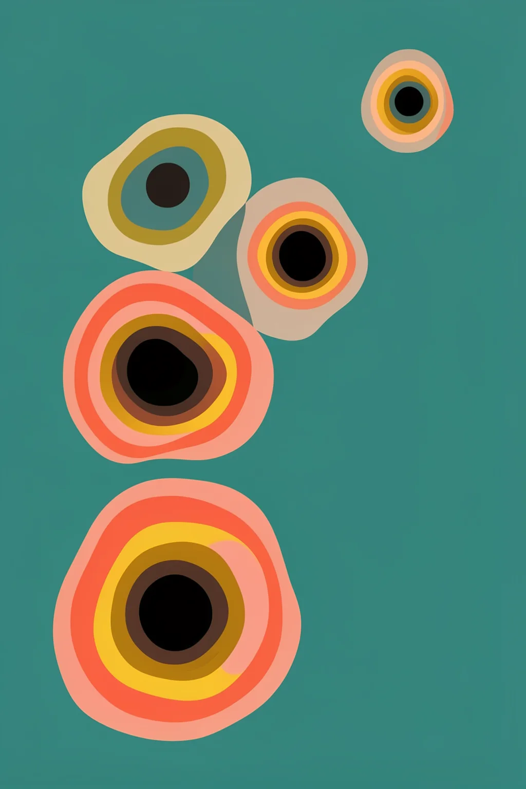 Vibrant Contoured Flow. Four irregular concentric forms in coral, peach, yellow, teal and black float on a muted teal field.