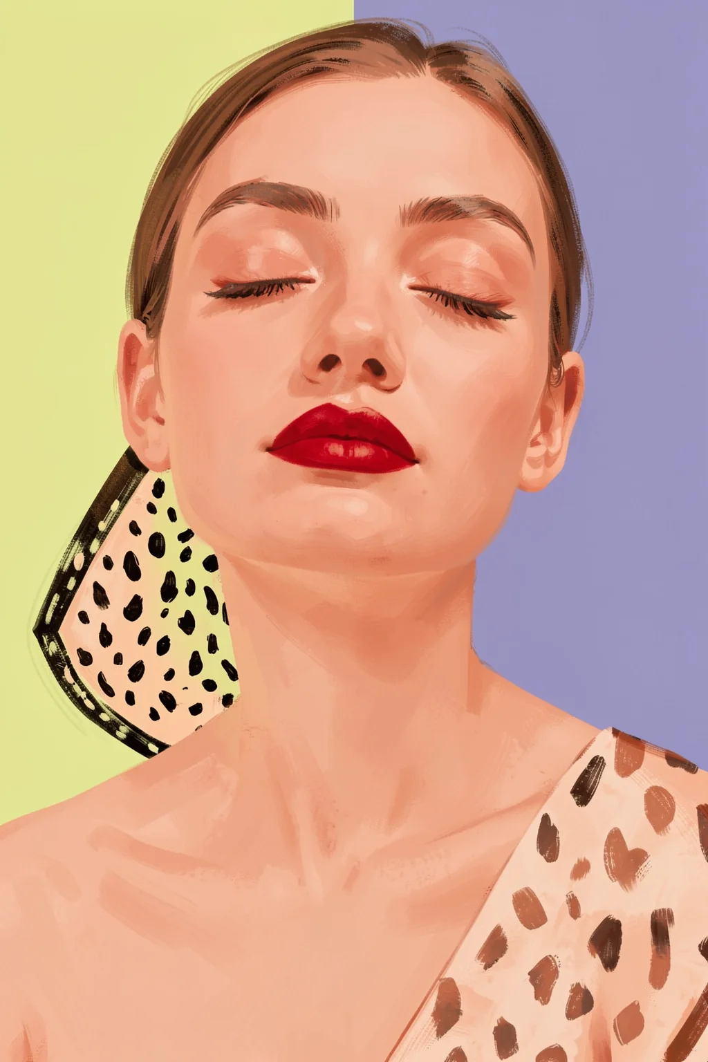 Serene Red Lips. A close-up portrait of a woman with closed eyes and vivid red lips sits against pale yellow and lavender blocks.