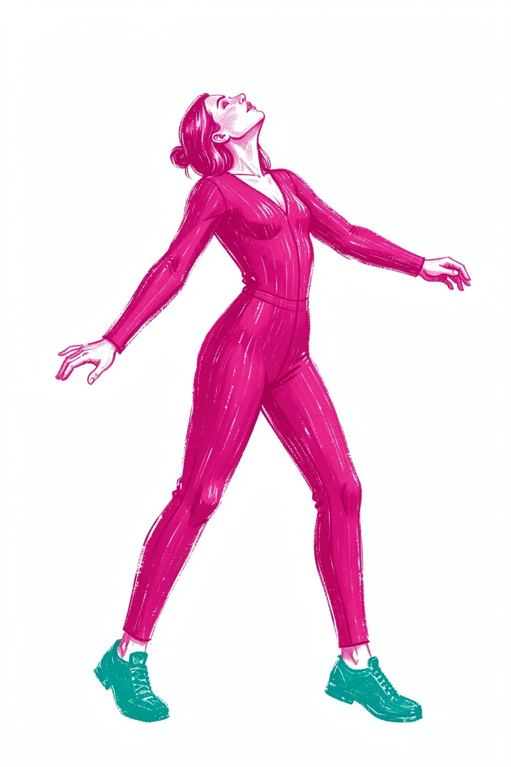 Jlr Dancing13 Copy. A woman in a vivid magenta outfit dances with outstretched arms and teal shoes on white.